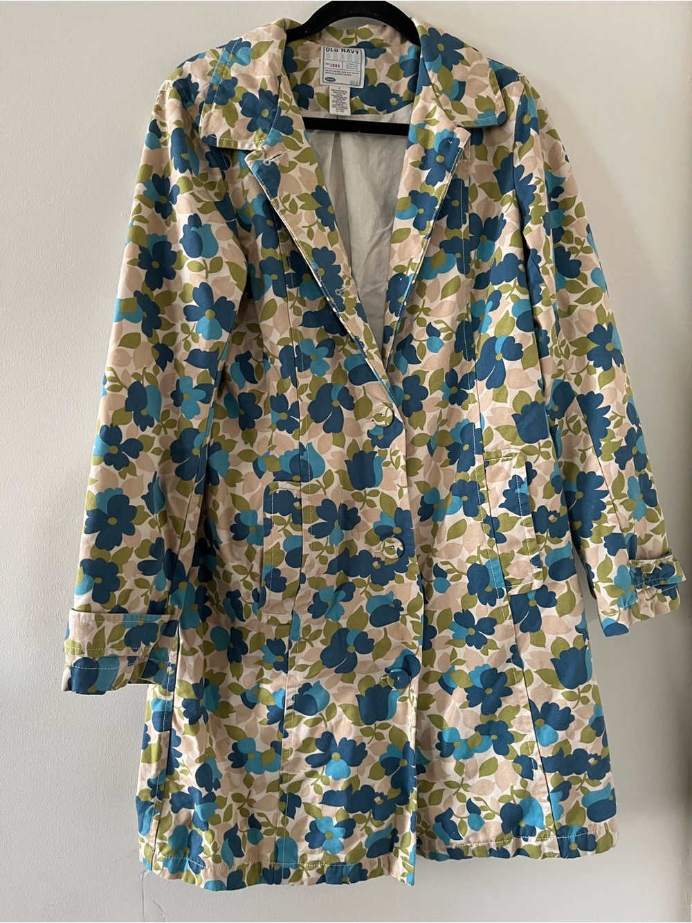 Vintage Y2K Old Navy Blue Cream Floral Trench Coat Large Rain Jacket Cottagecore